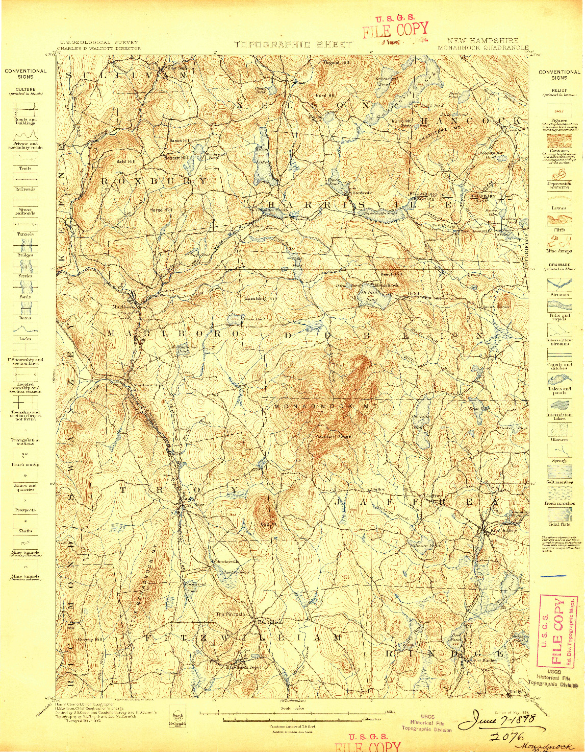 USGS 1:62500-SCALE QUADRANGLE FOR MONADNOCK, NH 1898