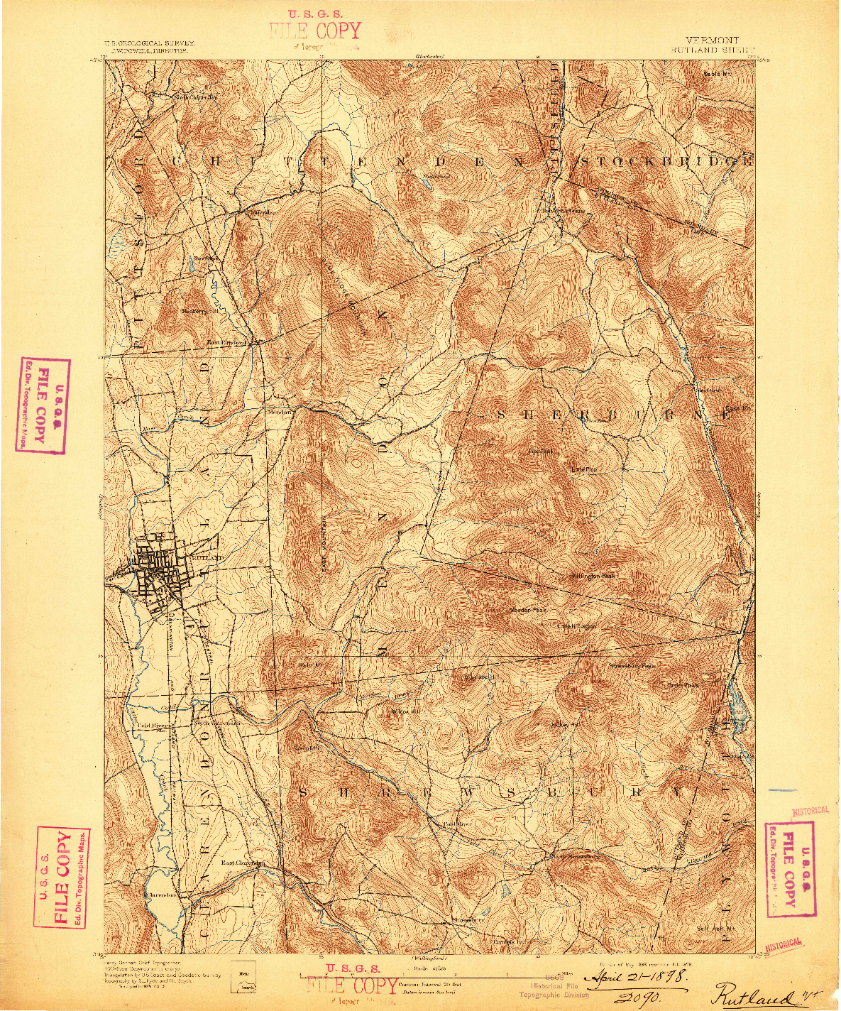 USGS 1:62500-SCALE QUADRANGLE FOR RUTLAND, VT 1893