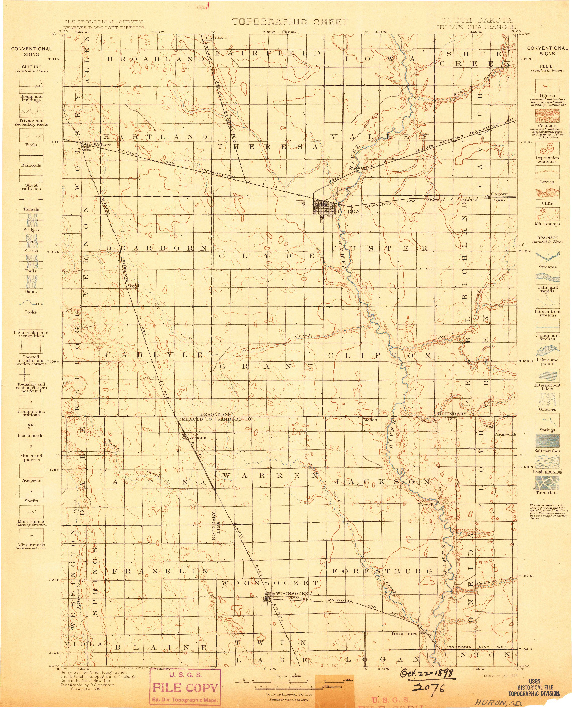 USGS 1:125000-SCALE QUADRANGLE FOR HURON, SD 1898