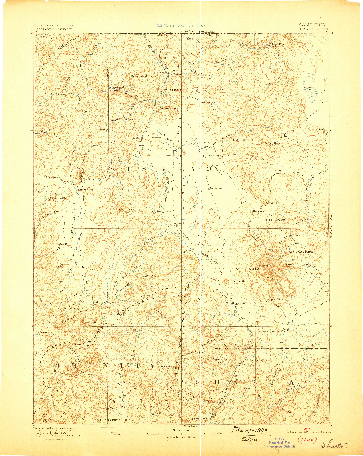 USGS 1:250000-SCALE QUADRANGLE FOR SHASTA, CA 1886