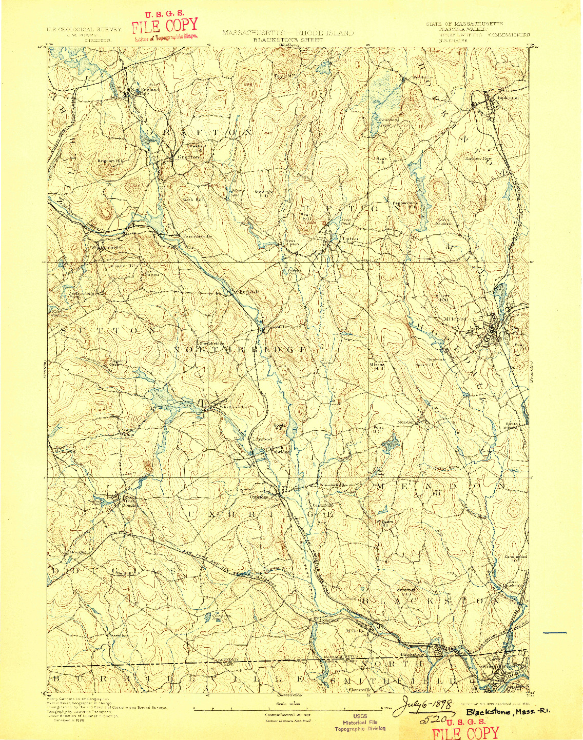 USGS 1:62500-SCALE QUADRANGLE FOR BLACKSTONE, MA 1893