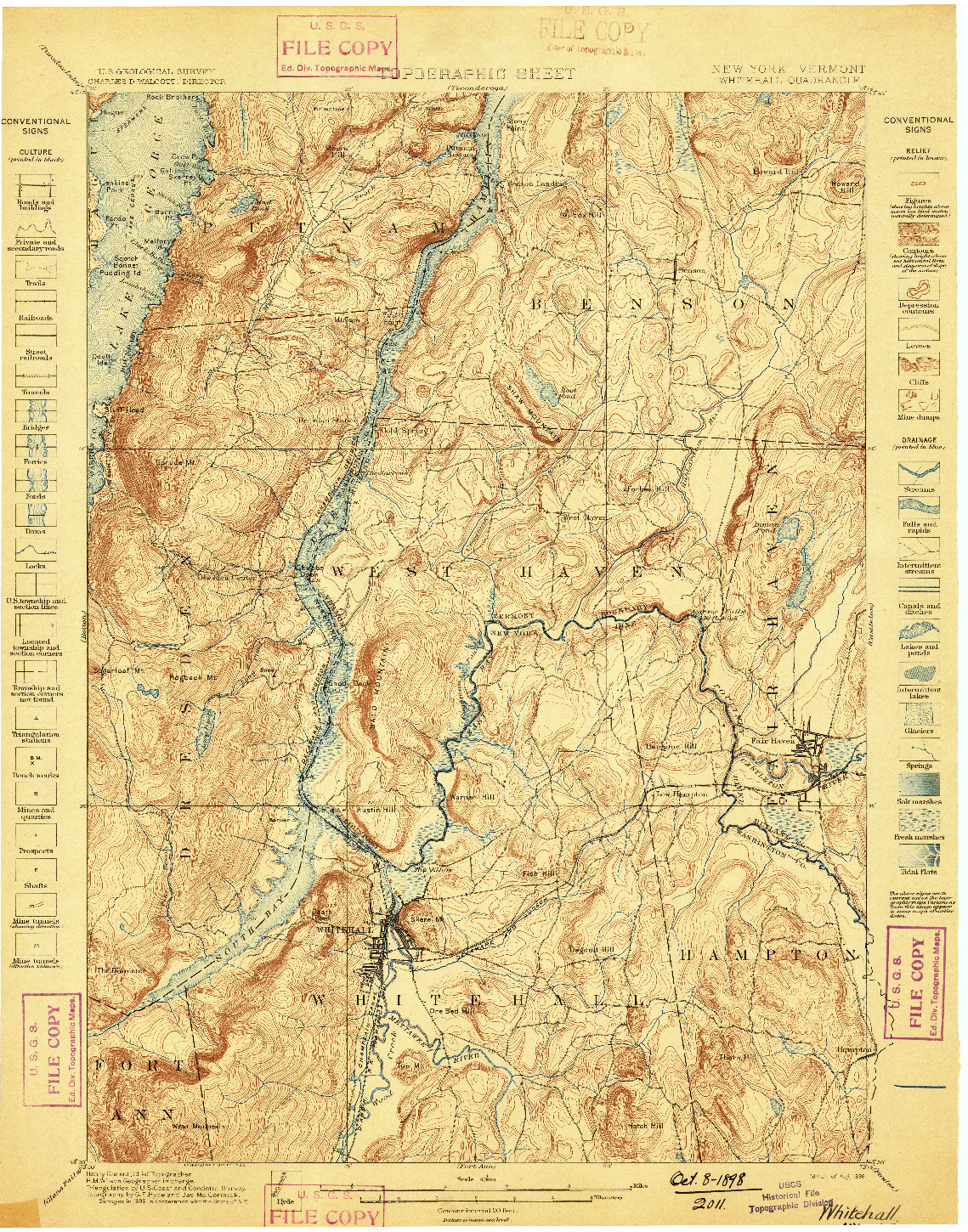 USGS 1:62500-SCALE QUADRANGLE FOR WHITEHALL, NY 1898