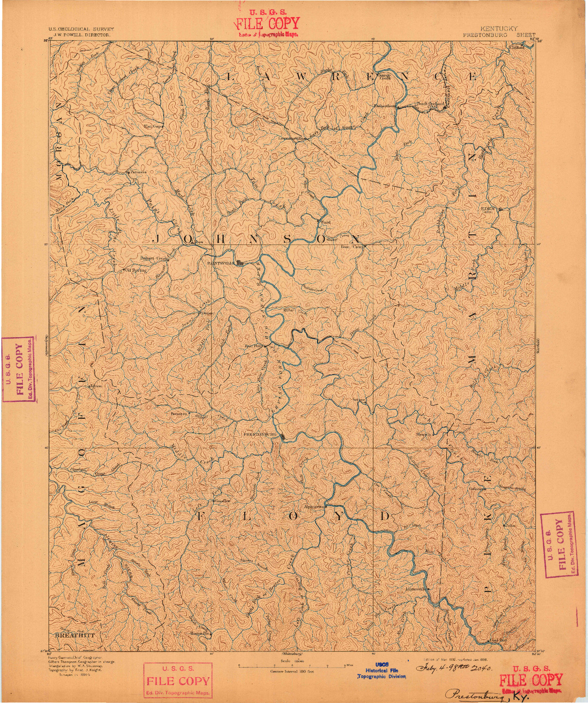 USGS 1:125000-SCALE QUADRANGLE FOR PRESTONSBURG, KY 1892