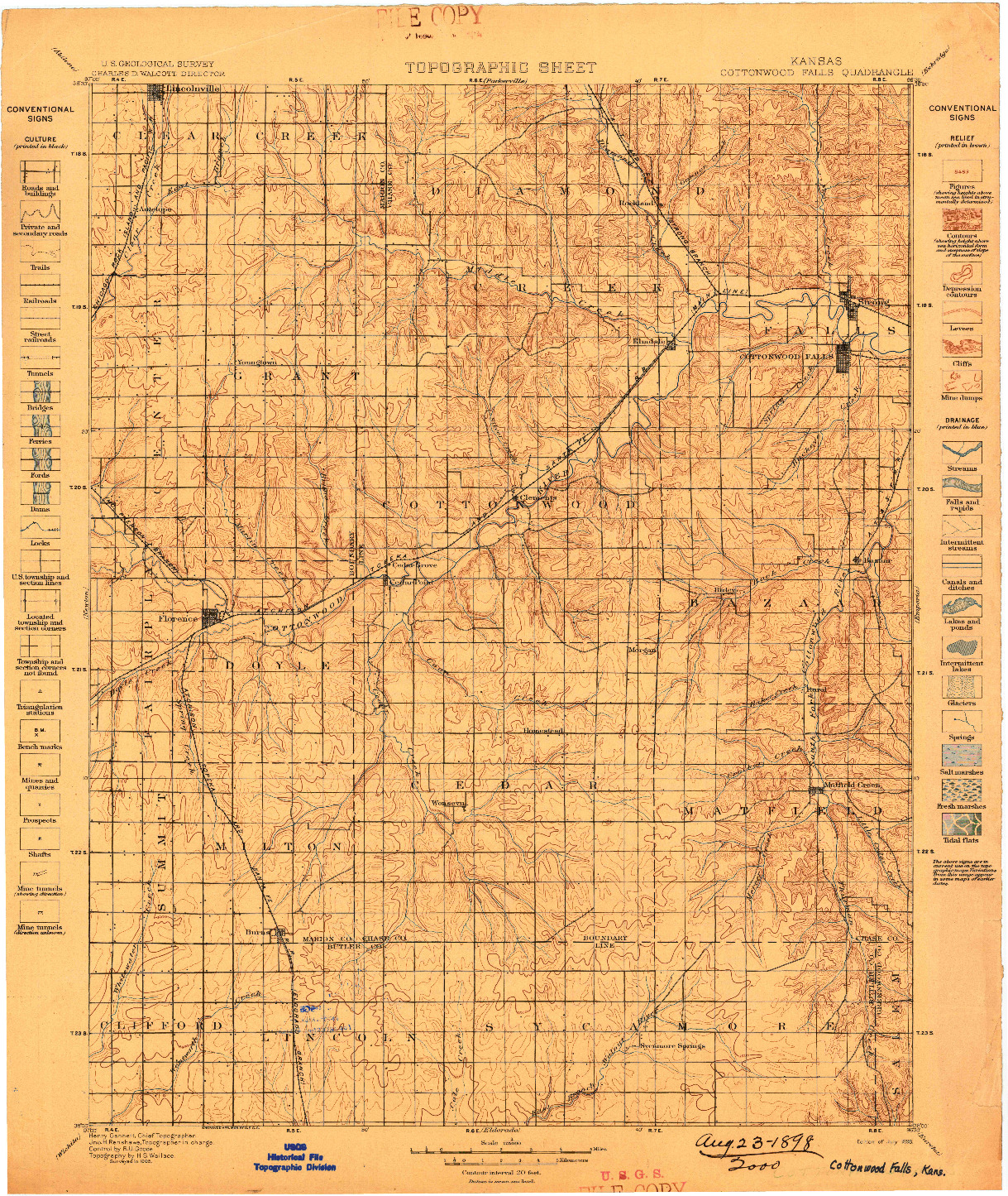 USGS 1:125000-SCALE QUADRANGLE FOR COTTONWOOD FALLS, KS 1898