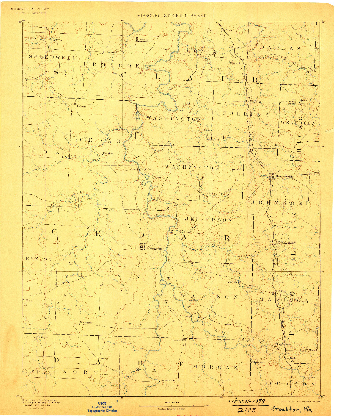 USGS 1:125000-SCALE QUADRANGLE FOR STOCKTON, MO 1886