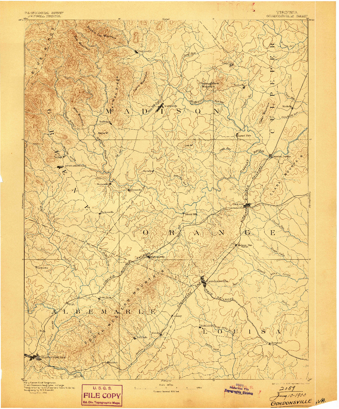 USGS 1:125000-SCALE QUADRANGLE FOR GORDONSVILLE, VA 1892