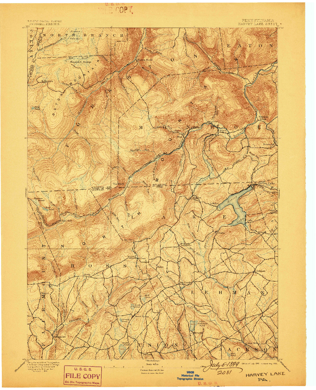 USGS 1:62500-SCALE QUADRANGLE FOR HARVEY LAKE, PA 1893