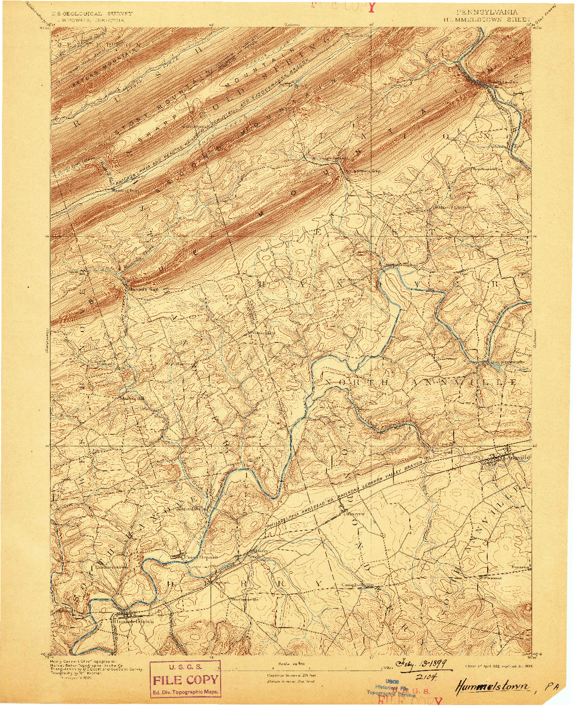 USGS 1:62500-SCALE QUADRANGLE FOR HUMMELSTOWN, PA 1892