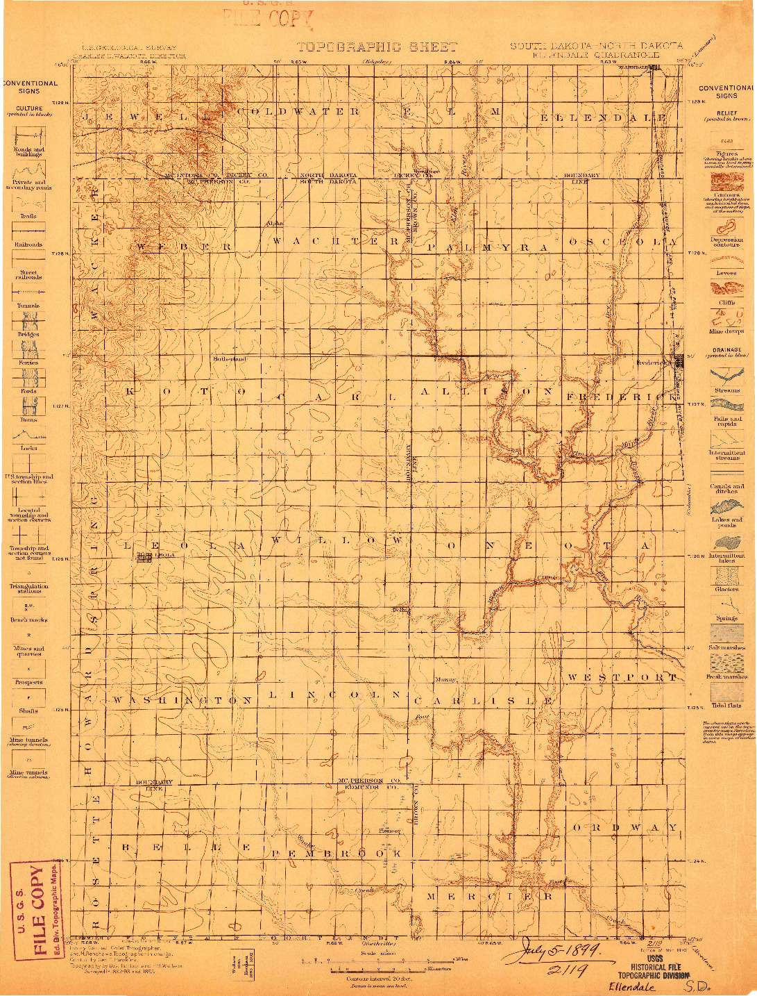 USGS 1:125000-SCALE QUADRANGLE FOR ELLENDALE, SD 1899