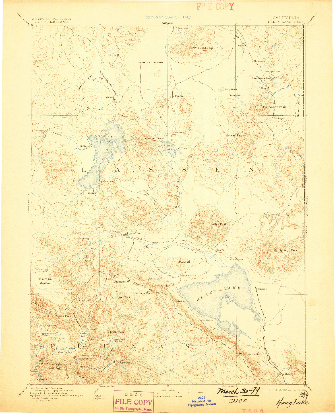 USGS 1:250000-SCALE QUADRANGLE FOR HONEY LAKE, CA 1893