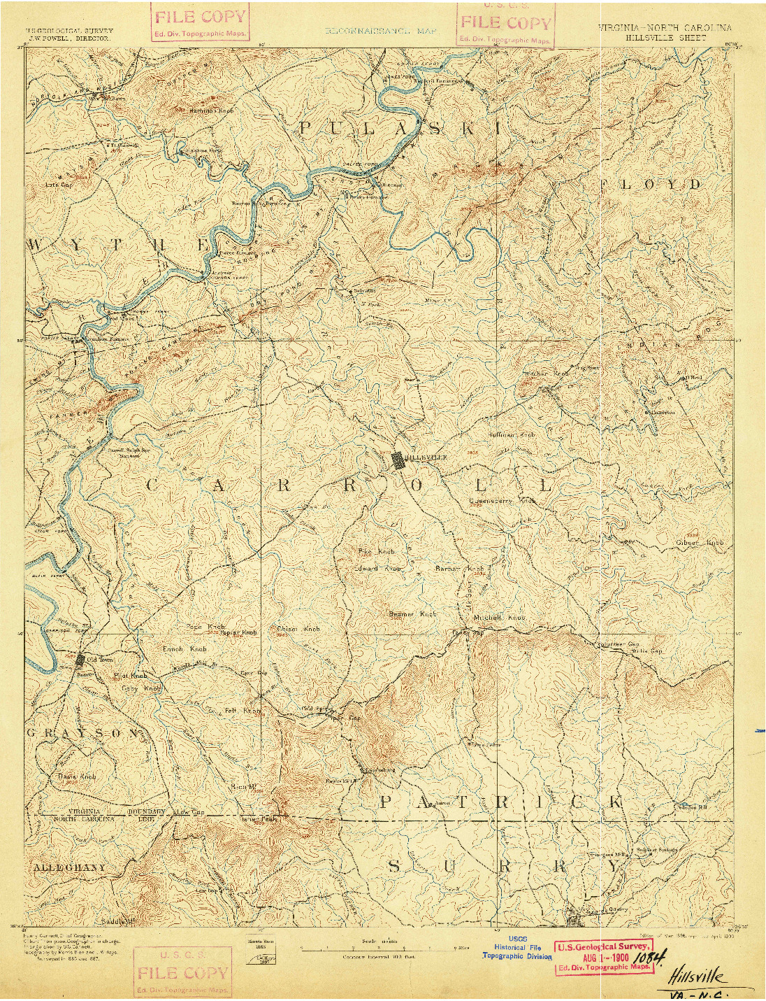 USGS 1:125000-SCALE QUADRANGLE FOR HILLSVILLE, VA 1896