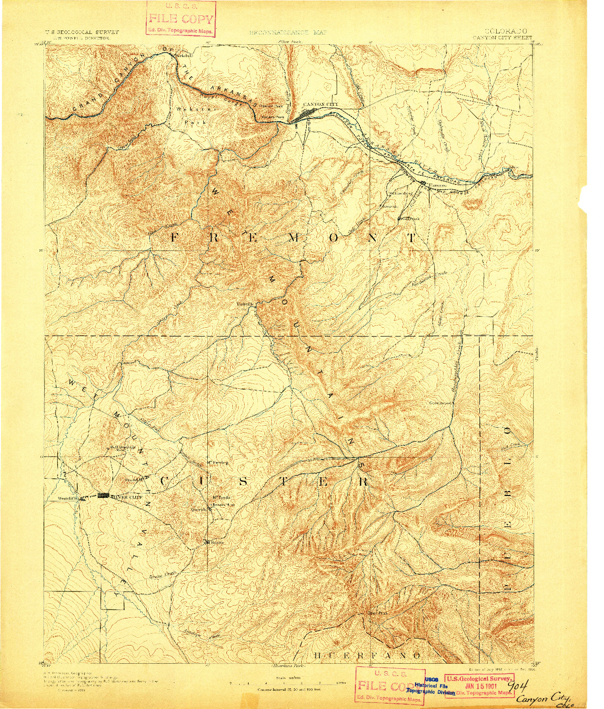 USGS 1:125000-SCALE QUADRANGLE FOR CANYON CITY, CO 1892