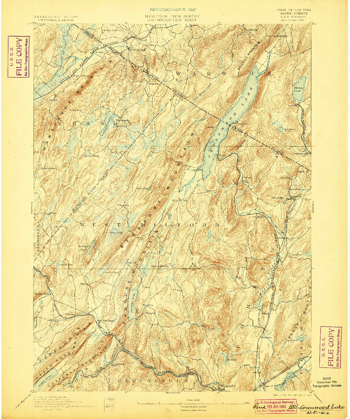 USGS 1:62500-SCALE QUADRANGLE FOR GREENWOOD LAKE, NY 1893