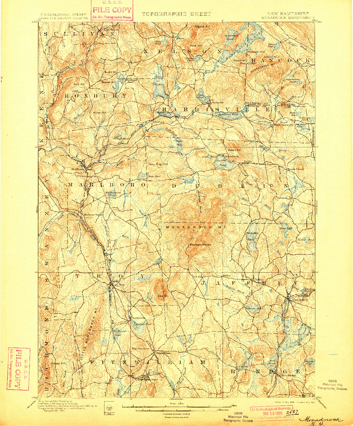 USGS 1:62500-SCALE QUADRANGLE FOR MONADNOCK, NH 1898