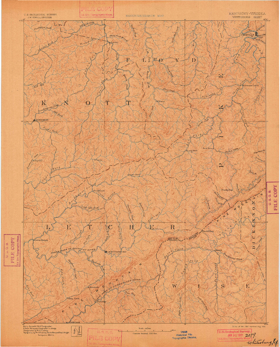 USGS 1:125000-SCALE QUADRANGLE FOR WHITESBURG, KY 1892