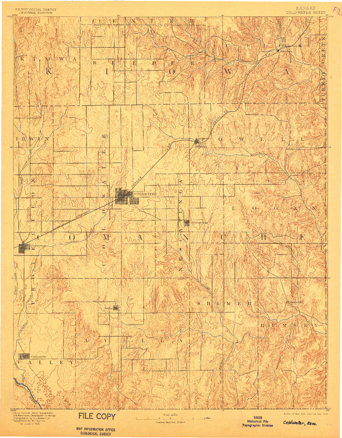 USGS 1:125000-SCALE QUADRANGLE FOR COLDWATER, KS 1892