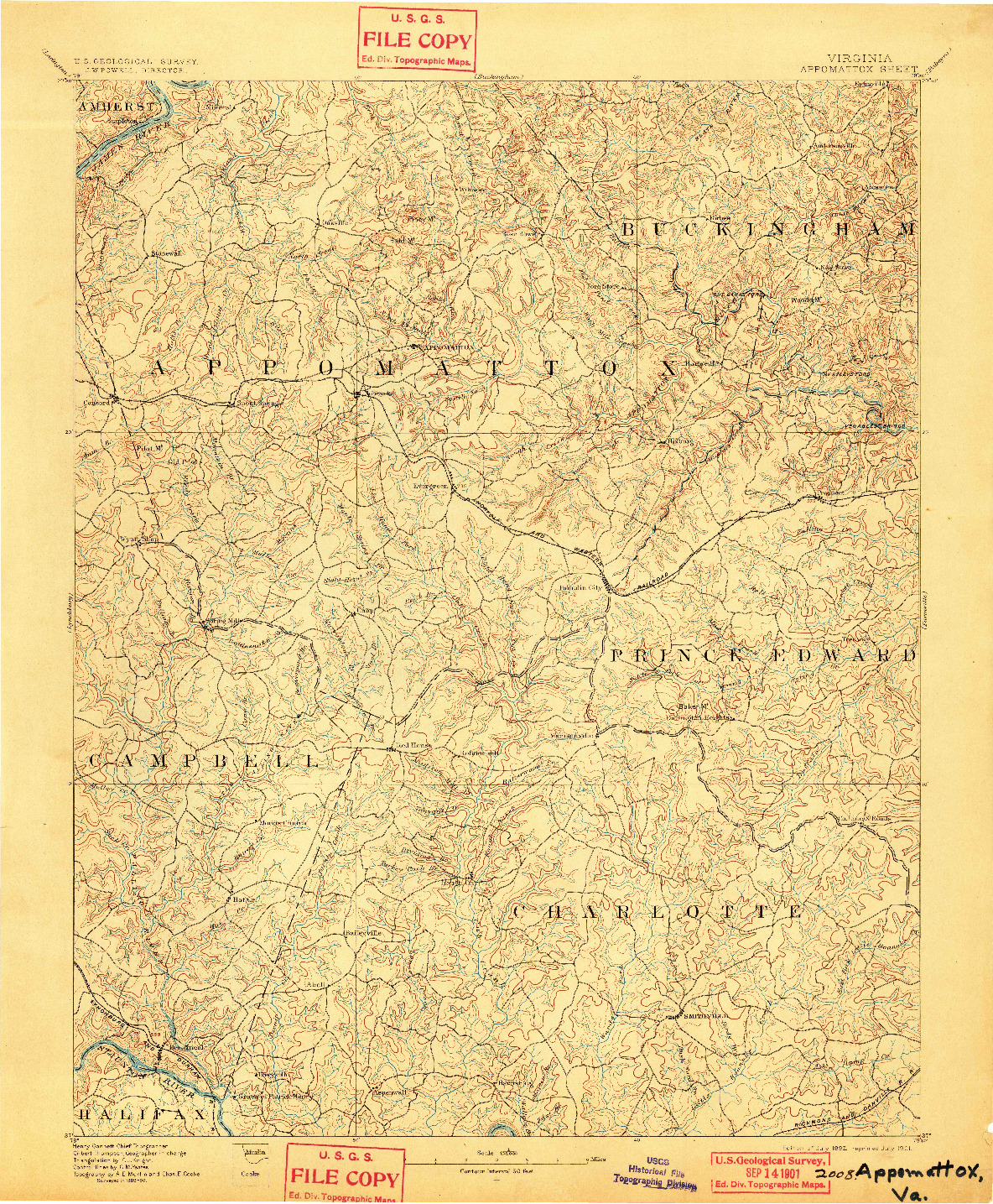 USGS 1:125000-SCALE QUADRANGLE FOR APPOMATTOX, VA 1892