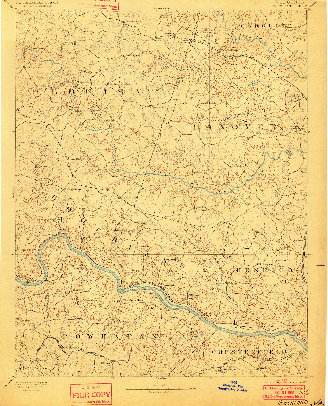 USGS 1:125000-SCALE QUADRANGLE FOR GOOCHLAND, VA 1892