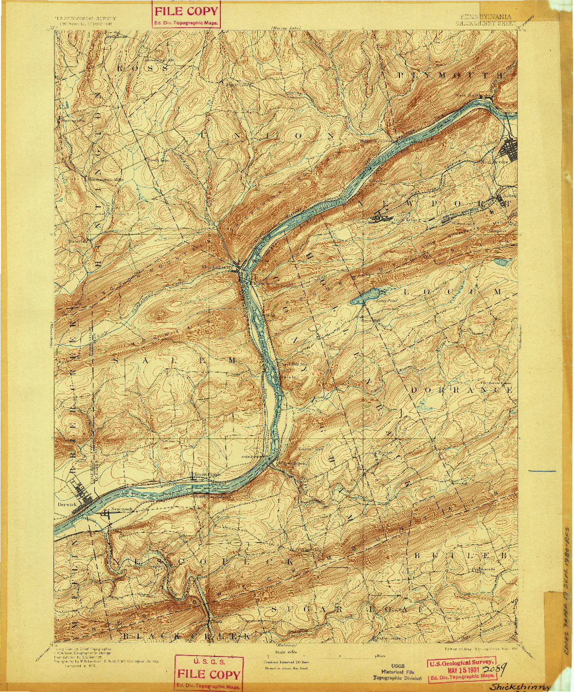 USGS 1:62500-SCALE QUADRANGLE FOR SHICKSHINNY, PA 1894