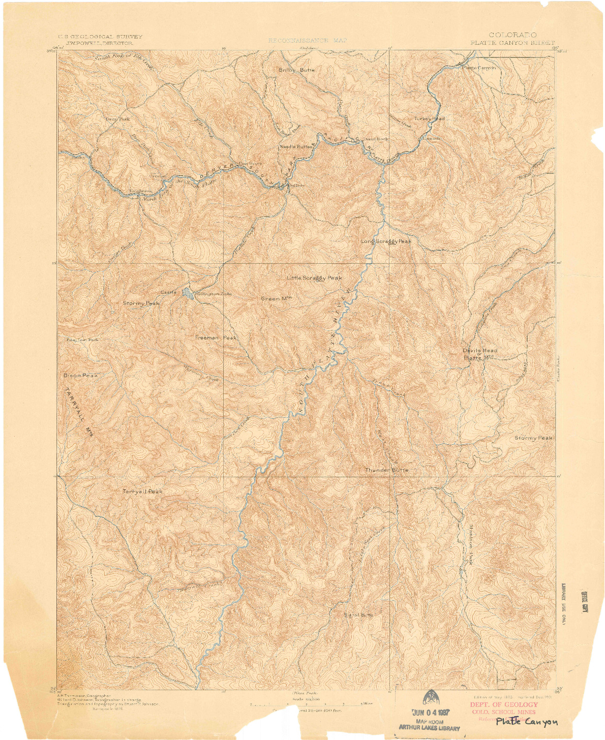 USGS 1:125000-SCALE QUADRANGLE FOR PLATTE CANYON, CO 1893