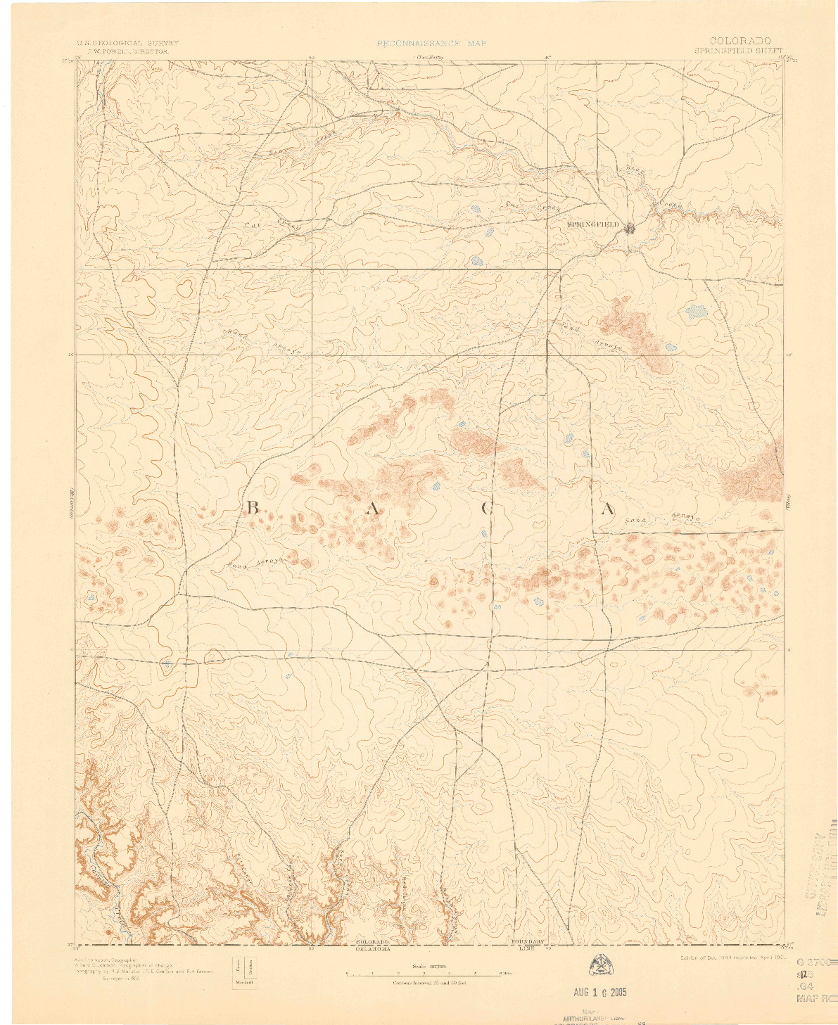 USGS 1:125000-SCALE QUADRANGLE FOR SPRINGFIELD, CO 1893