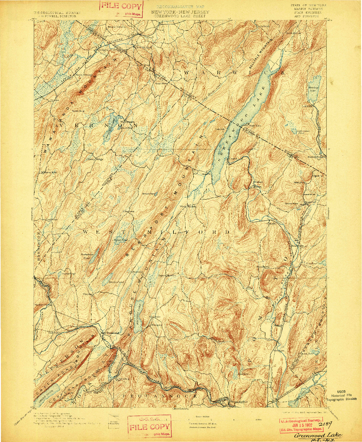 USGS 1:62500-SCALE QUADRANGLE FOR GREENWOOD LAKE, NY 1893