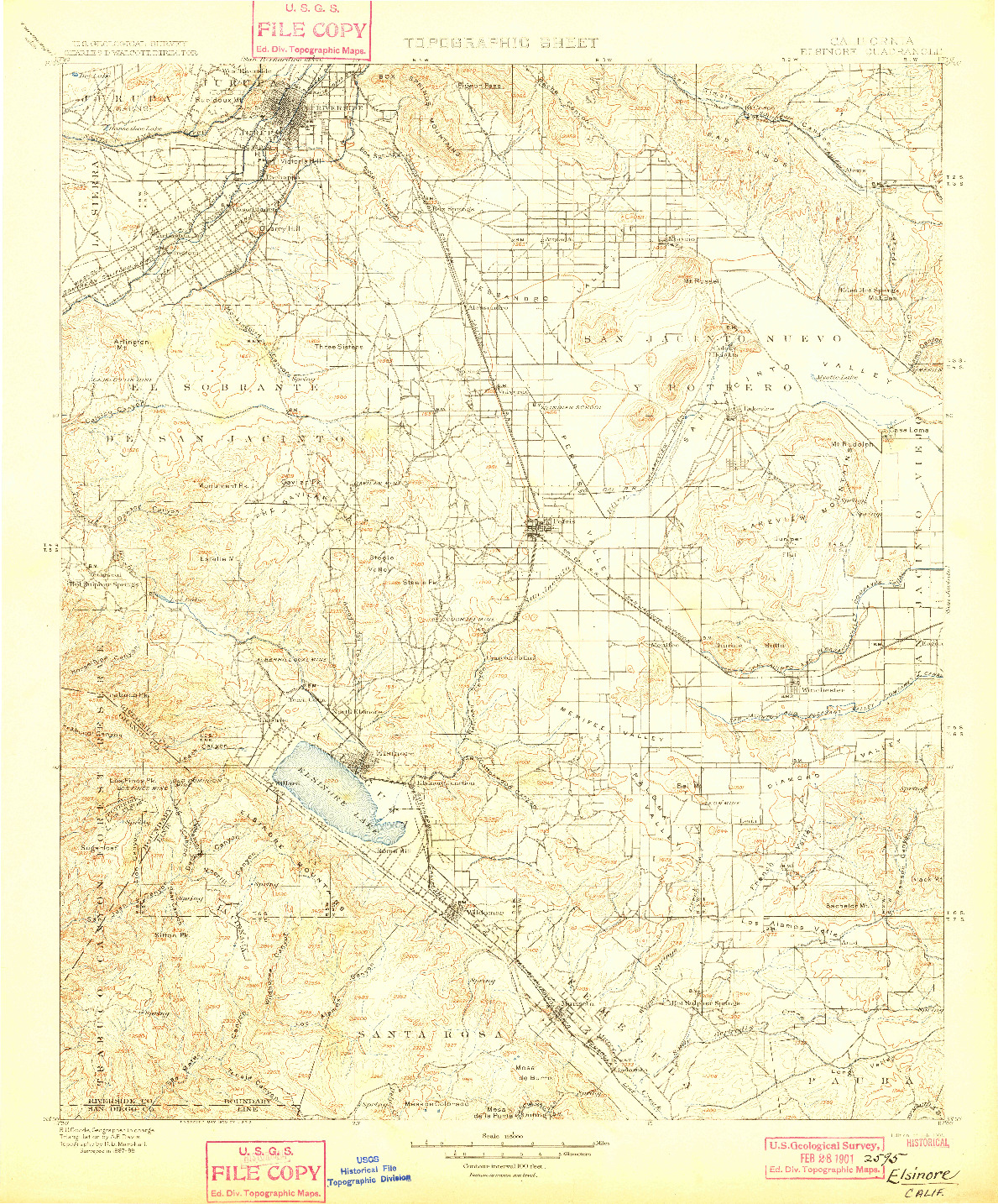 USGS 1:125000-SCALE QUADRANGLE FOR ELSINORE, CA 1901