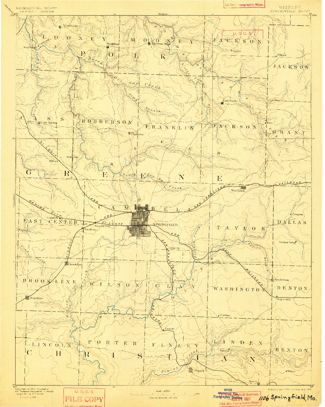 USGS 1:125000-SCALE QUADRANGLE FOR SPRINGFIELD, MO 1886
