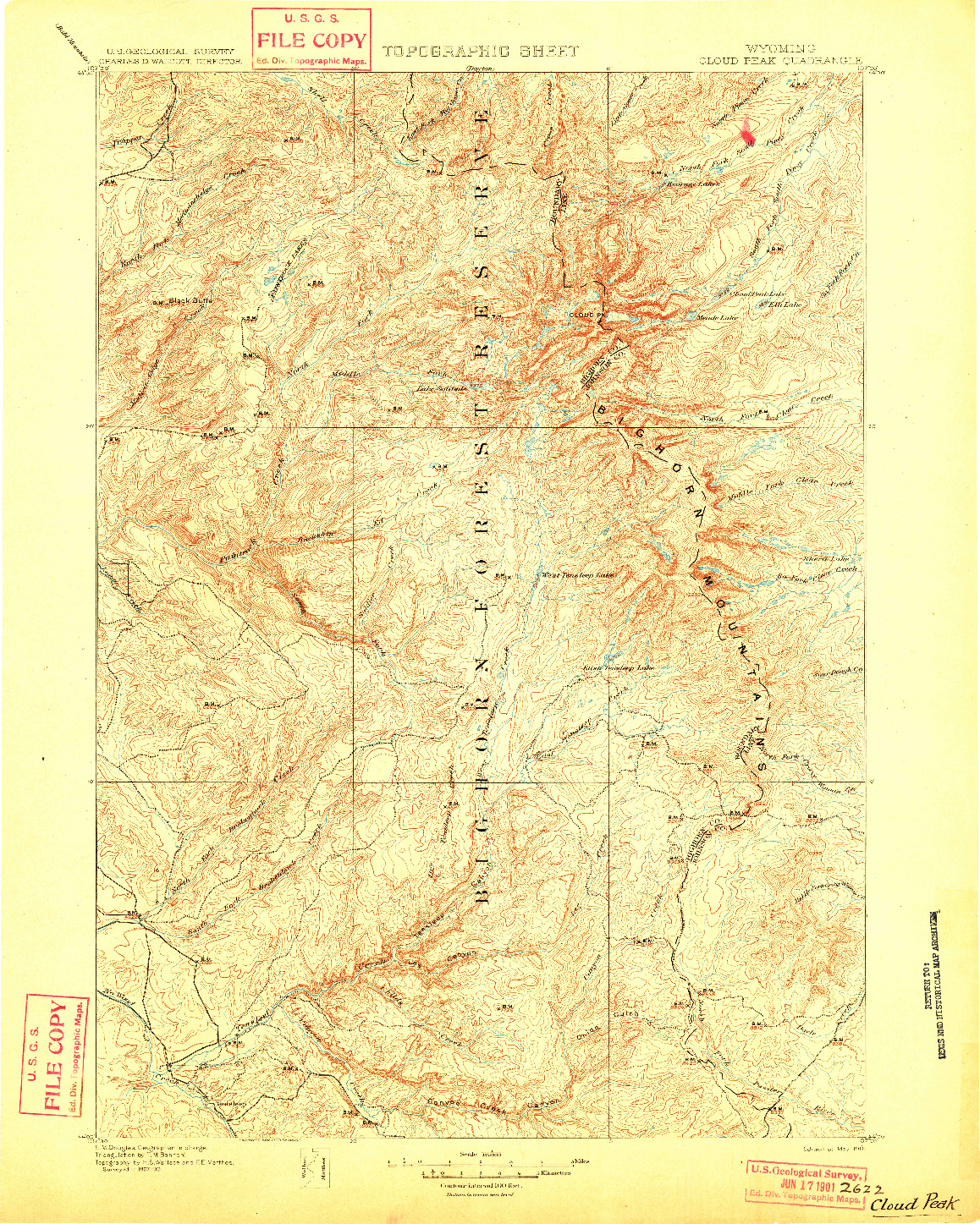 USGS 1:125000-SCALE QUADRANGLE FOR CLOUD PEAK, WY 1901