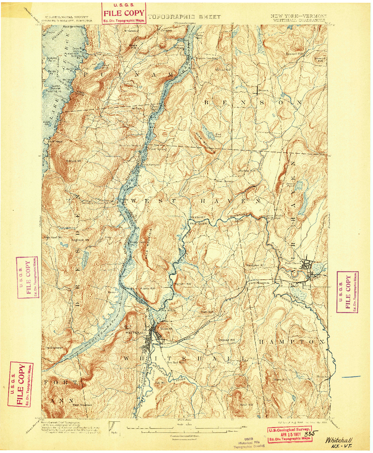 USGS 1:62500-SCALE QUADRANGLE FOR WHITEHALL, NY 1898