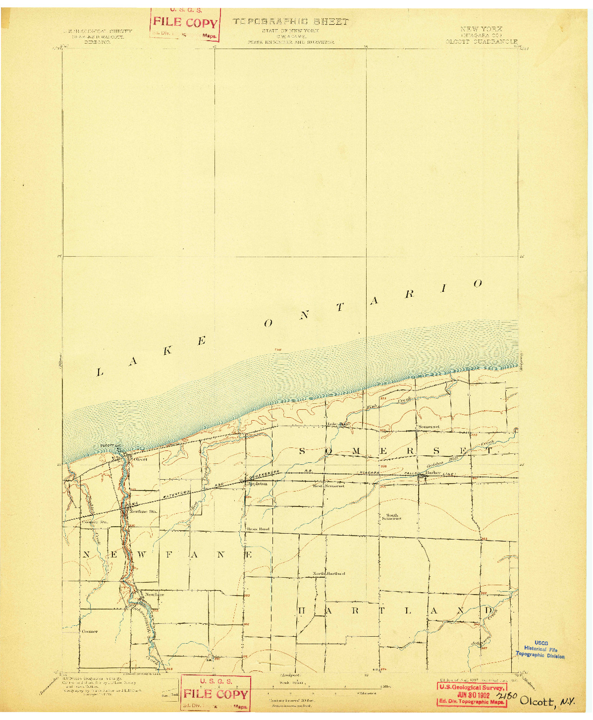 USGS 1:62500-SCALE QUADRANGLE FOR OLCOTT, NY 1897