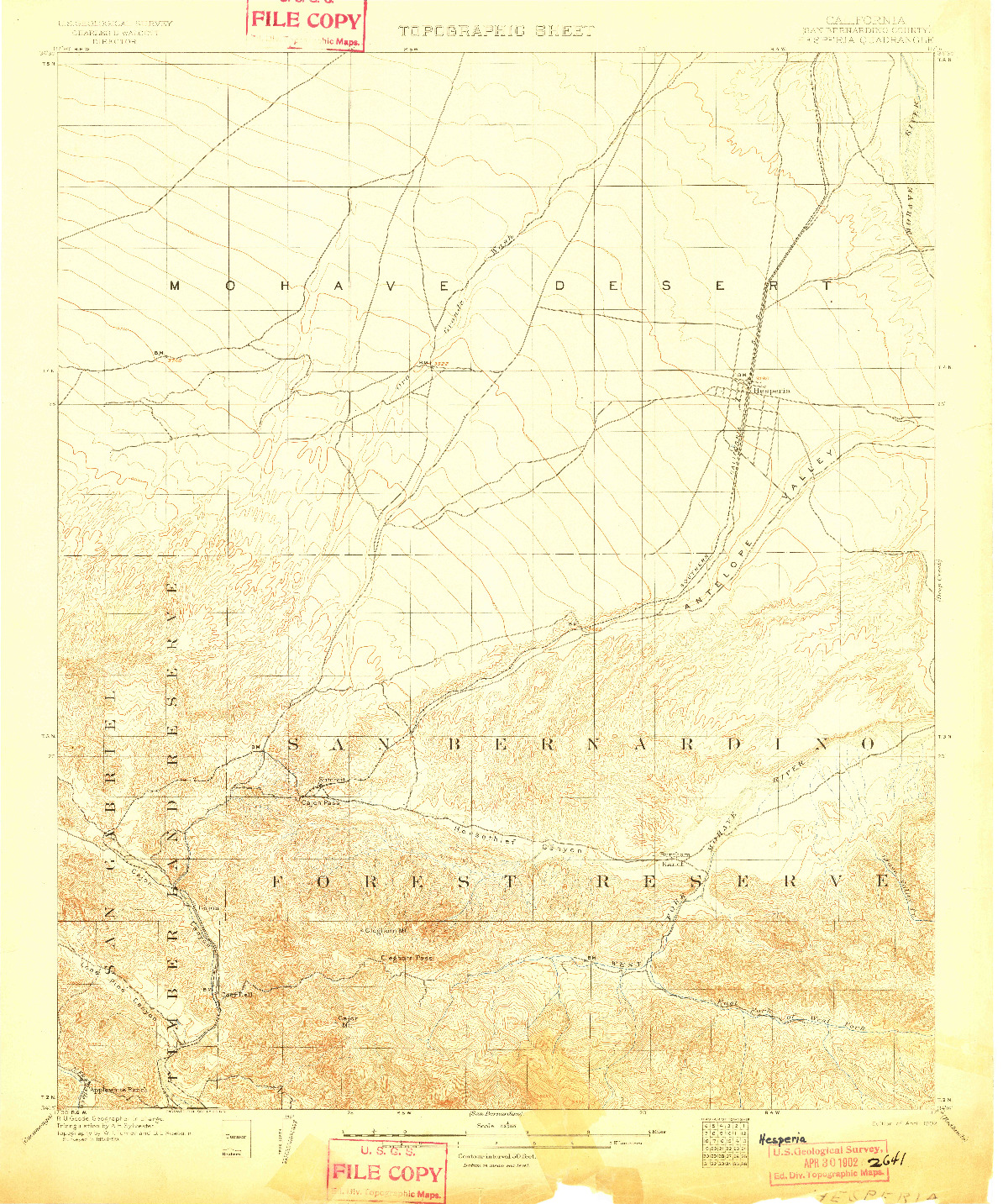 USGS 1:62500-SCALE QUADRANGLE FOR HESPERIA, CA 1902