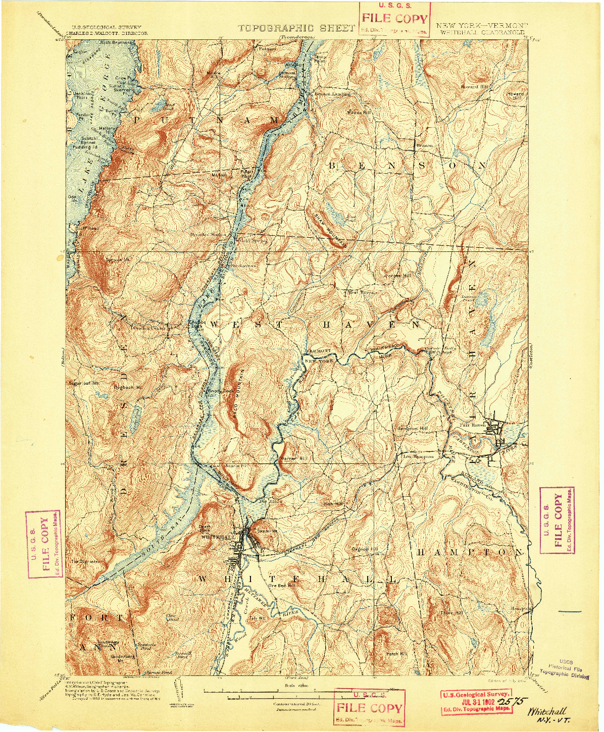 USGS 1:62500-SCALE QUADRANGLE FOR WHITEHALL, NY 1902