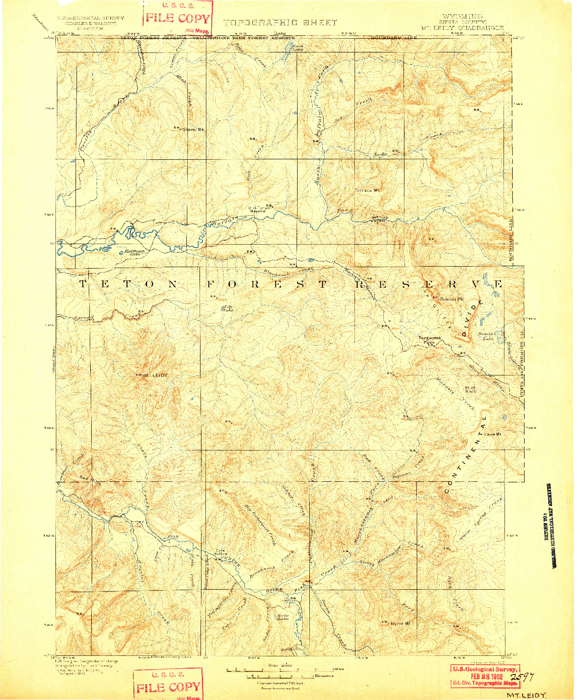 USGS 1:125000-SCALE QUADRANGLE FOR MT LEIDY, WY 1902