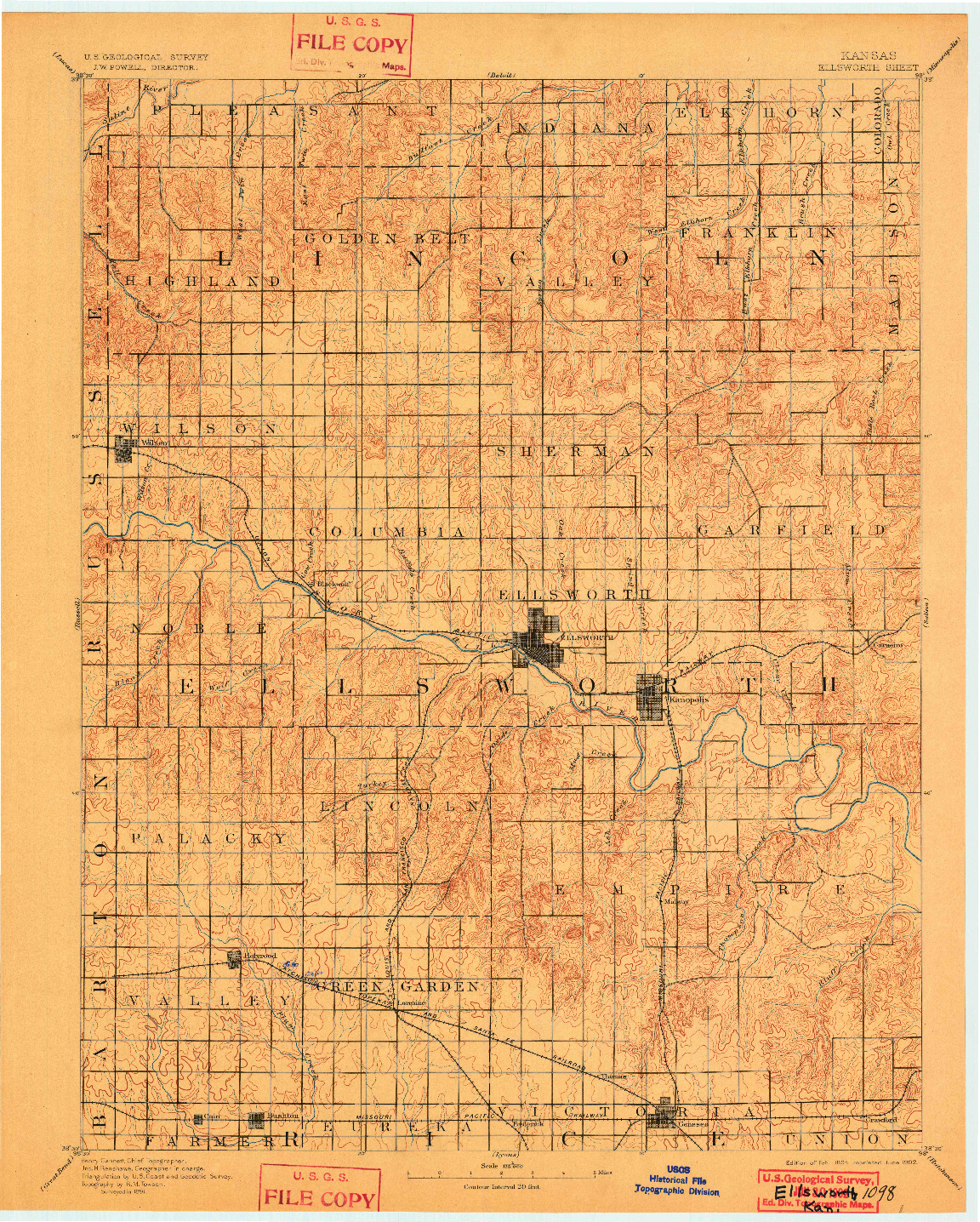 USGS 1:125000-SCALE QUADRANGLE FOR ELLSWORTH, KS 1894