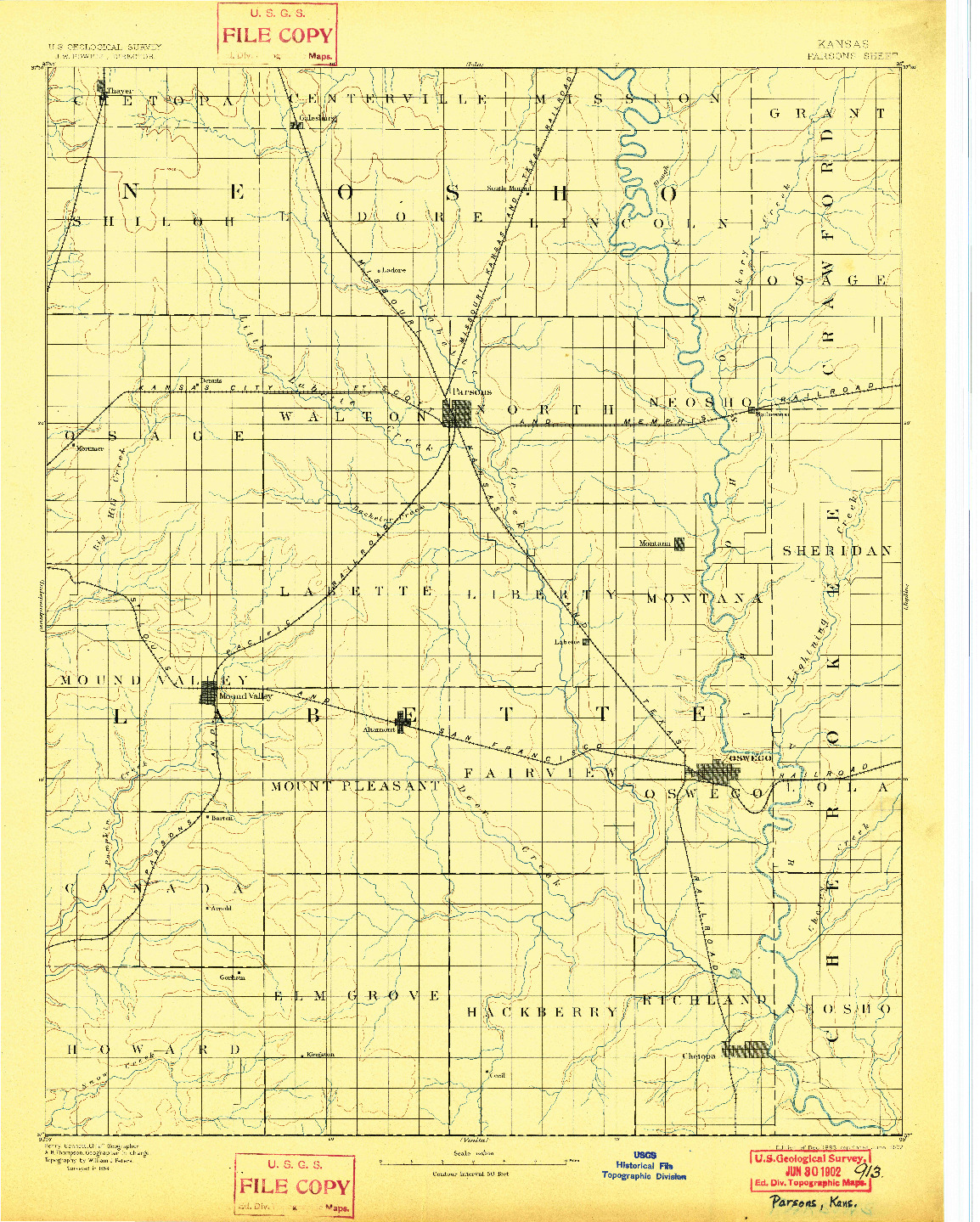 USGS 1:125000-SCALE QUADRANGLE FOR PARSONS, KS 1893