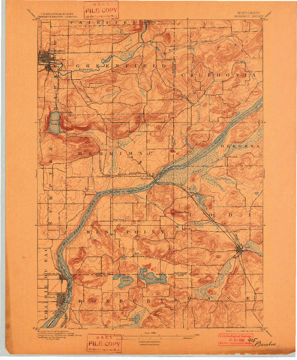 USGS 1:62500-SCALE QUADRANGLE FOR BARABOO, WI 1895