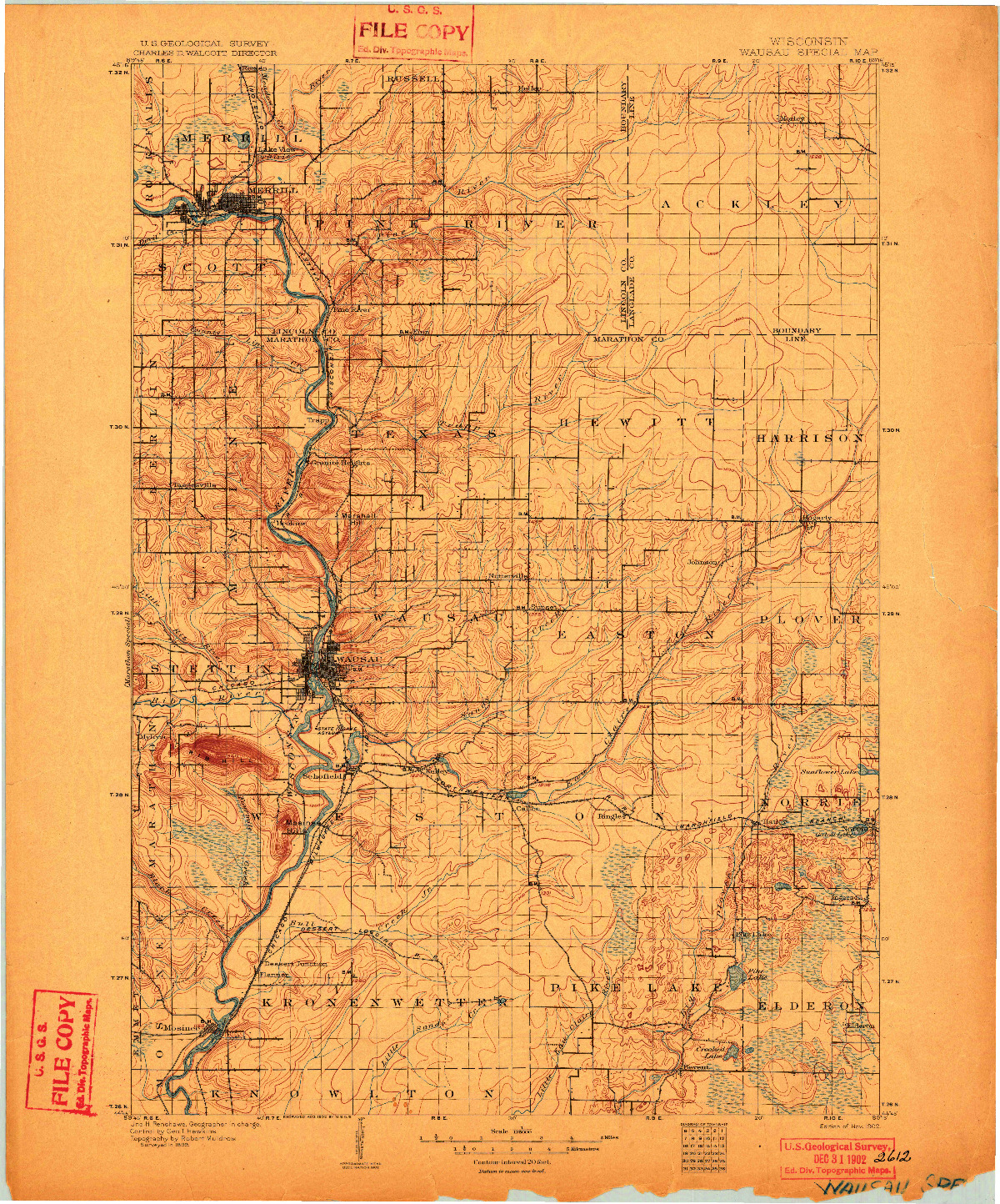 USGS 1:125000-SCALE QUADRANGLE FOR WAUSAU, WI 1902