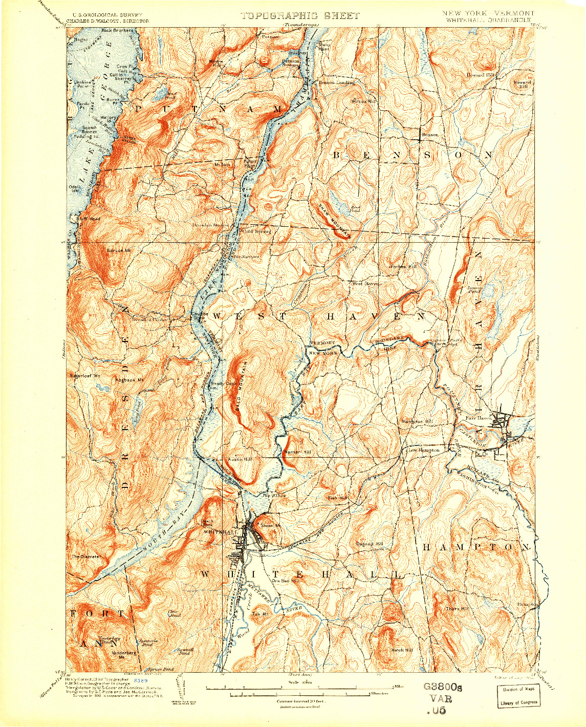 USGS 1:62500-SCALE QUADRANGLE FOR WHITEHALL, NY 1902