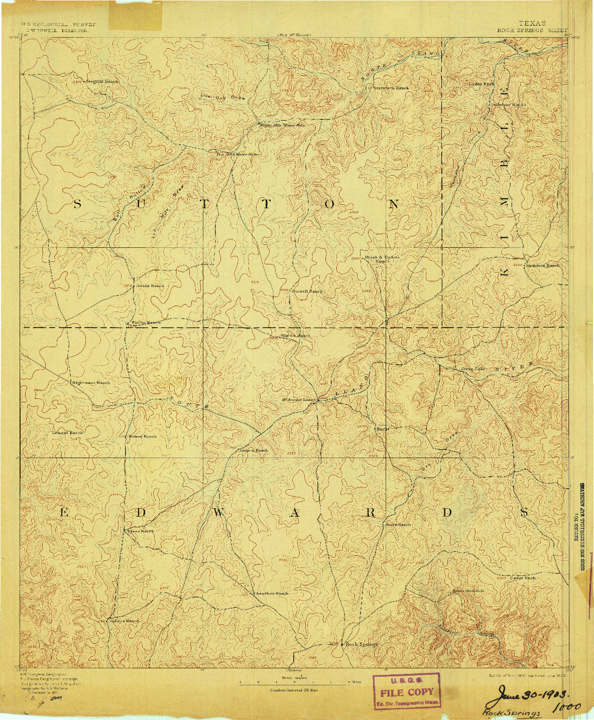 USGS 1:125000-SCALE QUADRANGLE FOR ROCK SPRINGS, TX 1893