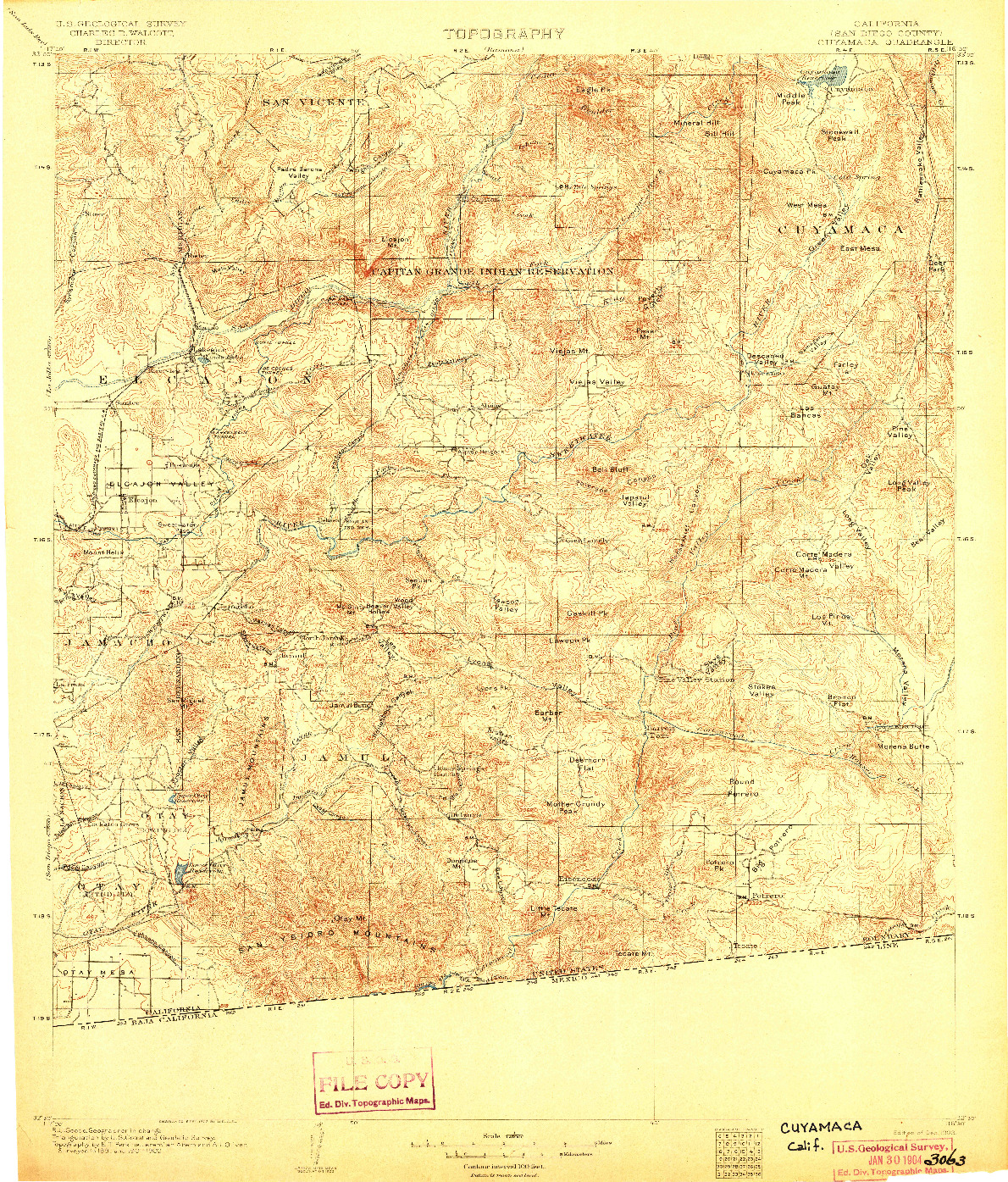 USGS 1:125000-SCALE QUADRANGLE FOR CUYAMACA, CA 1903