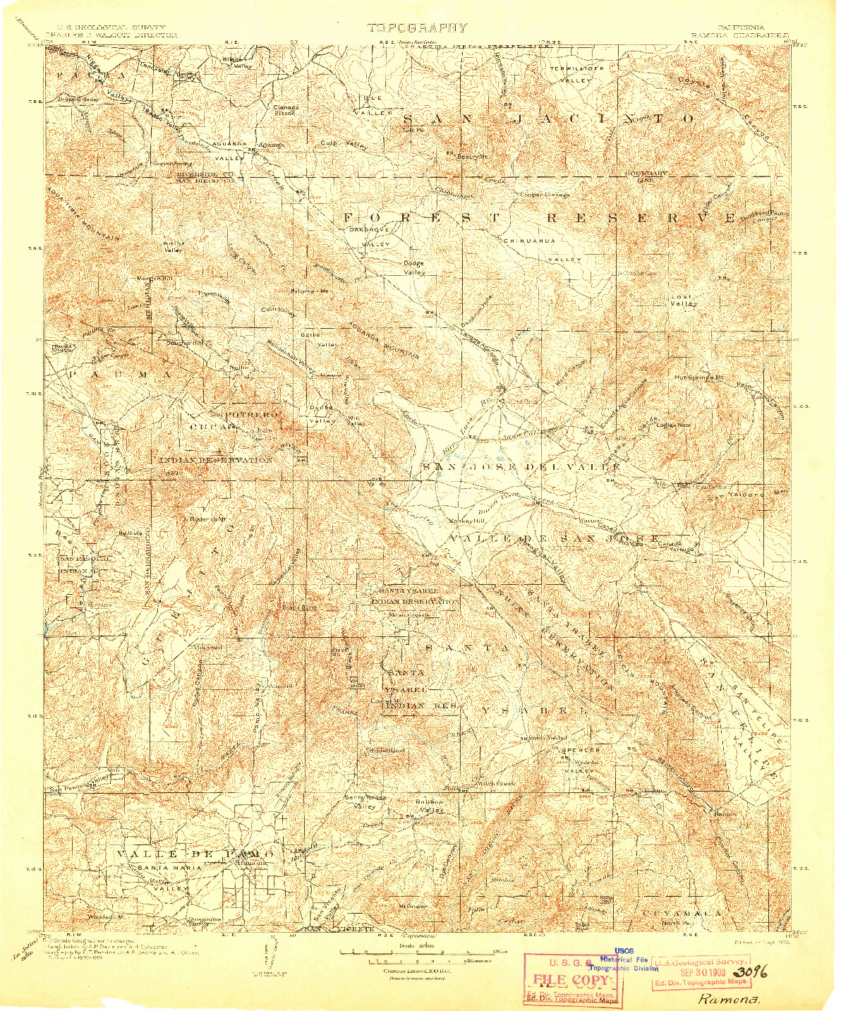 USGS 1:125000-SCALE QUADRANGLE FOR RAMONA, CA 1903