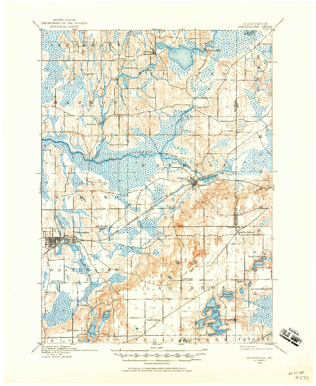 USGS 1:62500-SCALE QUADRANGLE FOR WHITEWATER, WI 1903