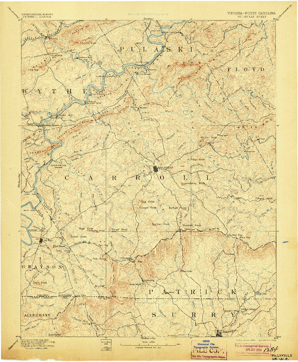 USGS 1:125000-SCALE QUADRANGLE FOR HILLSVILLE, VA 1896