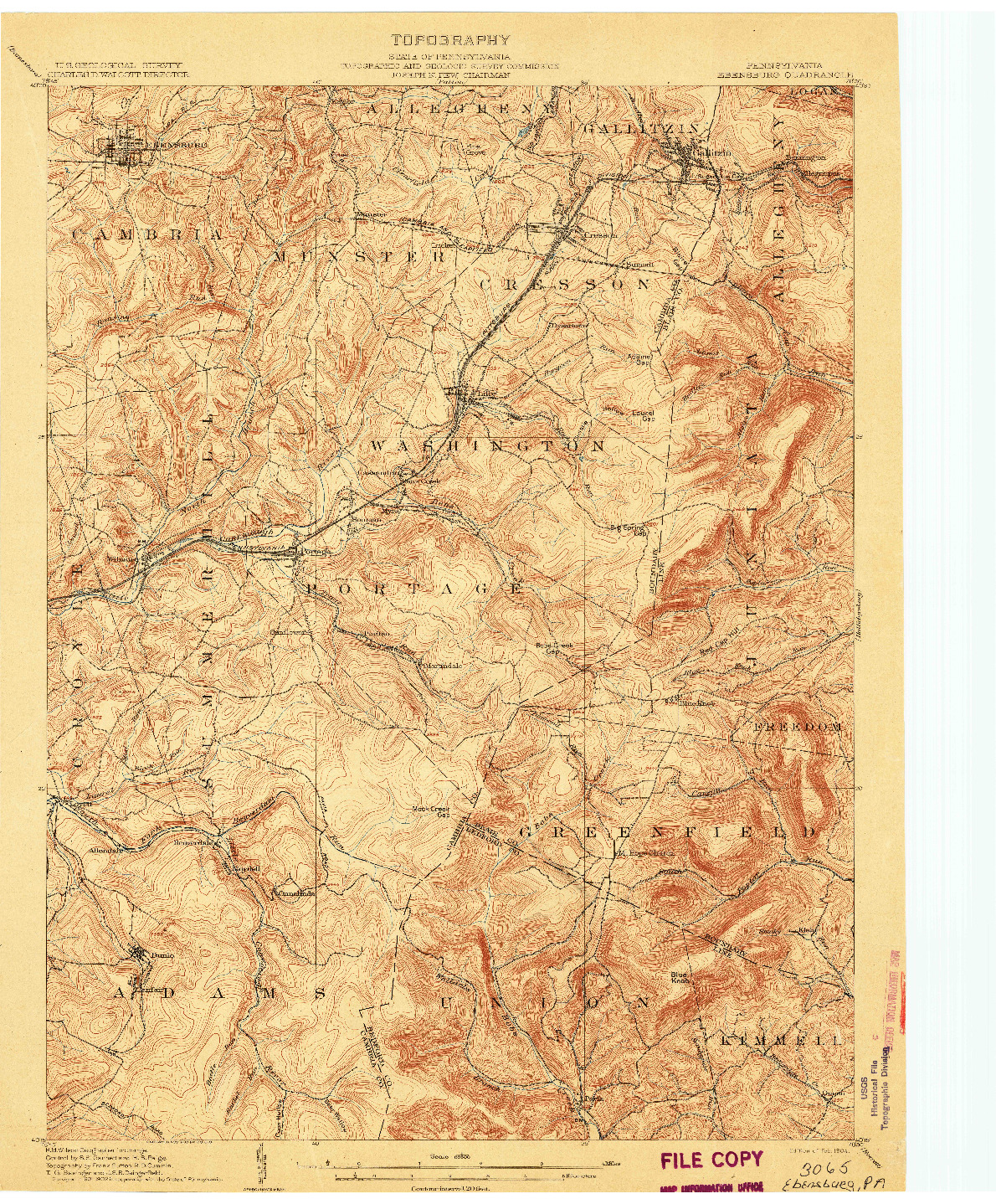 USGS 1:62500-SCALE QUADRANGLE FOR EBENSBURG, PA 1904