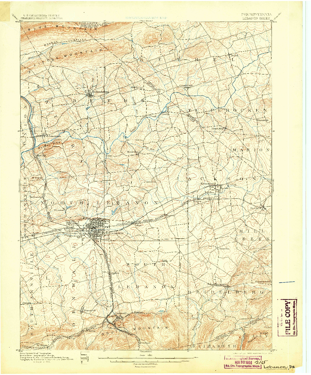 USGS 1:62500-SCALE QUADRANGLE FOR LEBANON, PA 1899