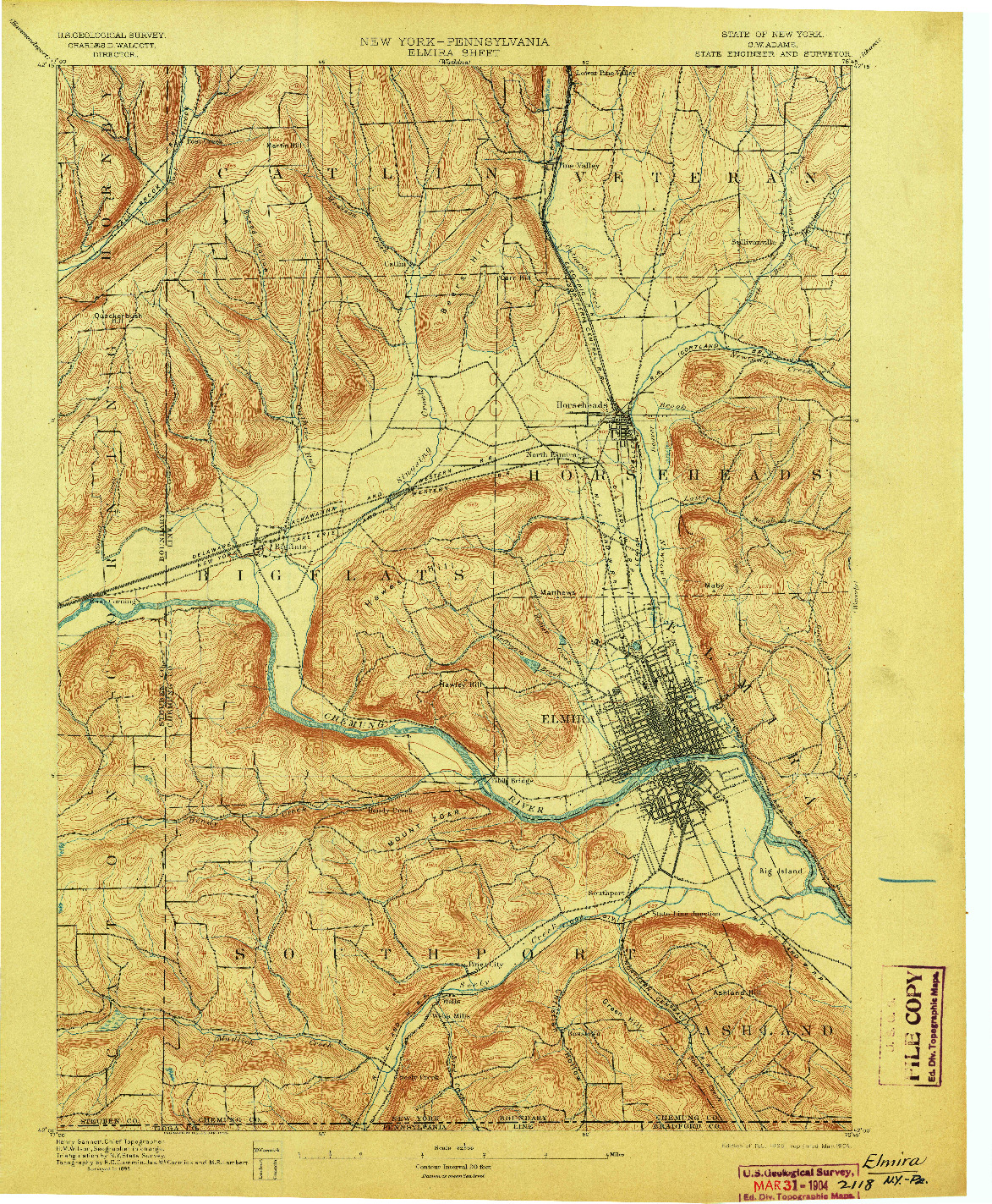 USGS 1:62500-SCALE QUADRANGLE FOR ELMIRA, NY 1895