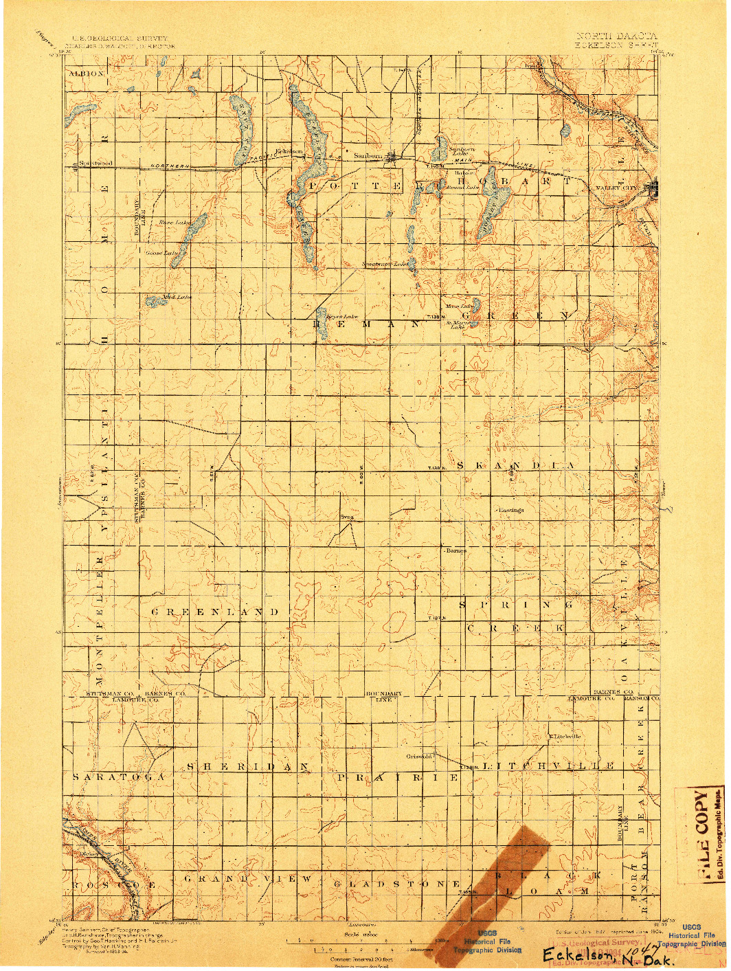 USGS 1:125000-SCALE QUADRANGLE FOR ECKELSON, ND 1897