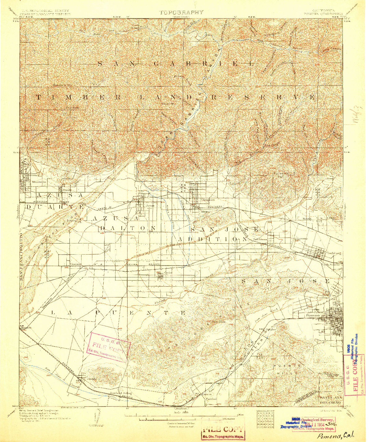 USGS 1:62500-SCALE QUADRANGLE FOR POMONA, CA 1904