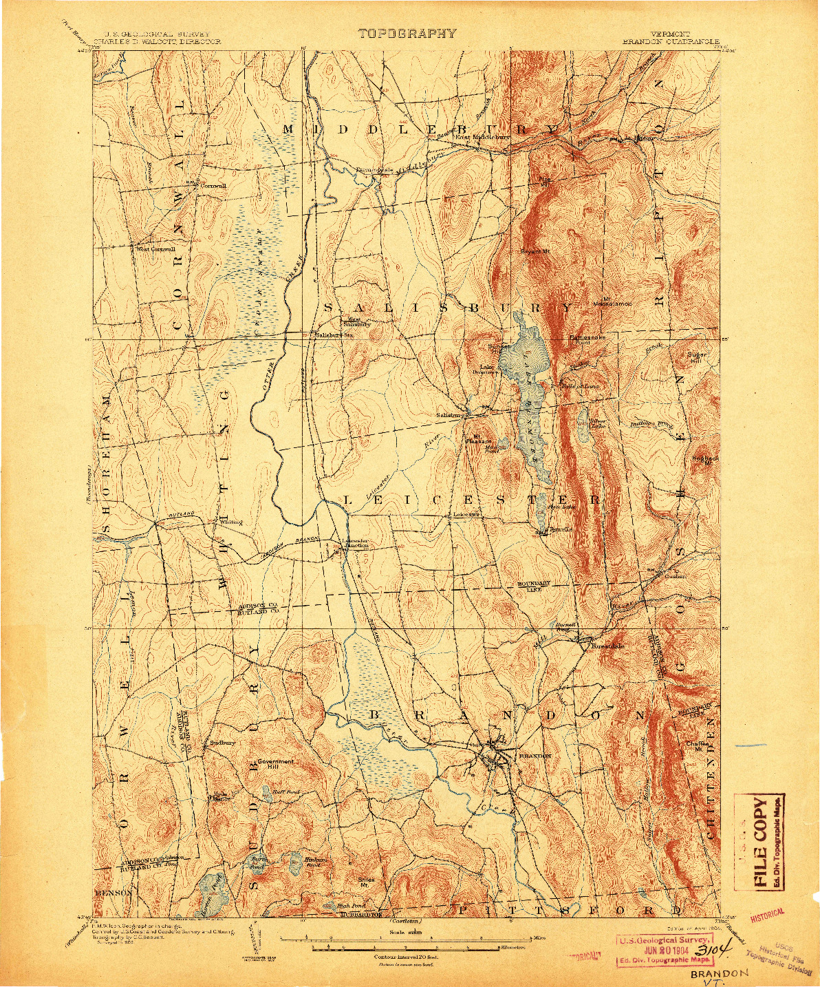 USGS 1:62500-SCALE QUADRANGLE FOR BRANDON, VT 1904